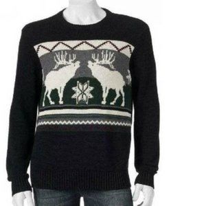 Mens Sweater Dockers Black Gray Moose Large Crewneck Long Sleeve Winter Holiday
